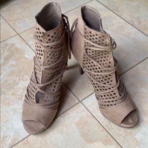 Suede booties peep toe heels NWOT